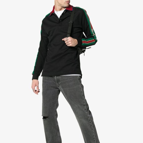 New with tags Gucci Web-stripe Detail Long Sleeve Polo in Black - Picture 9 of 9